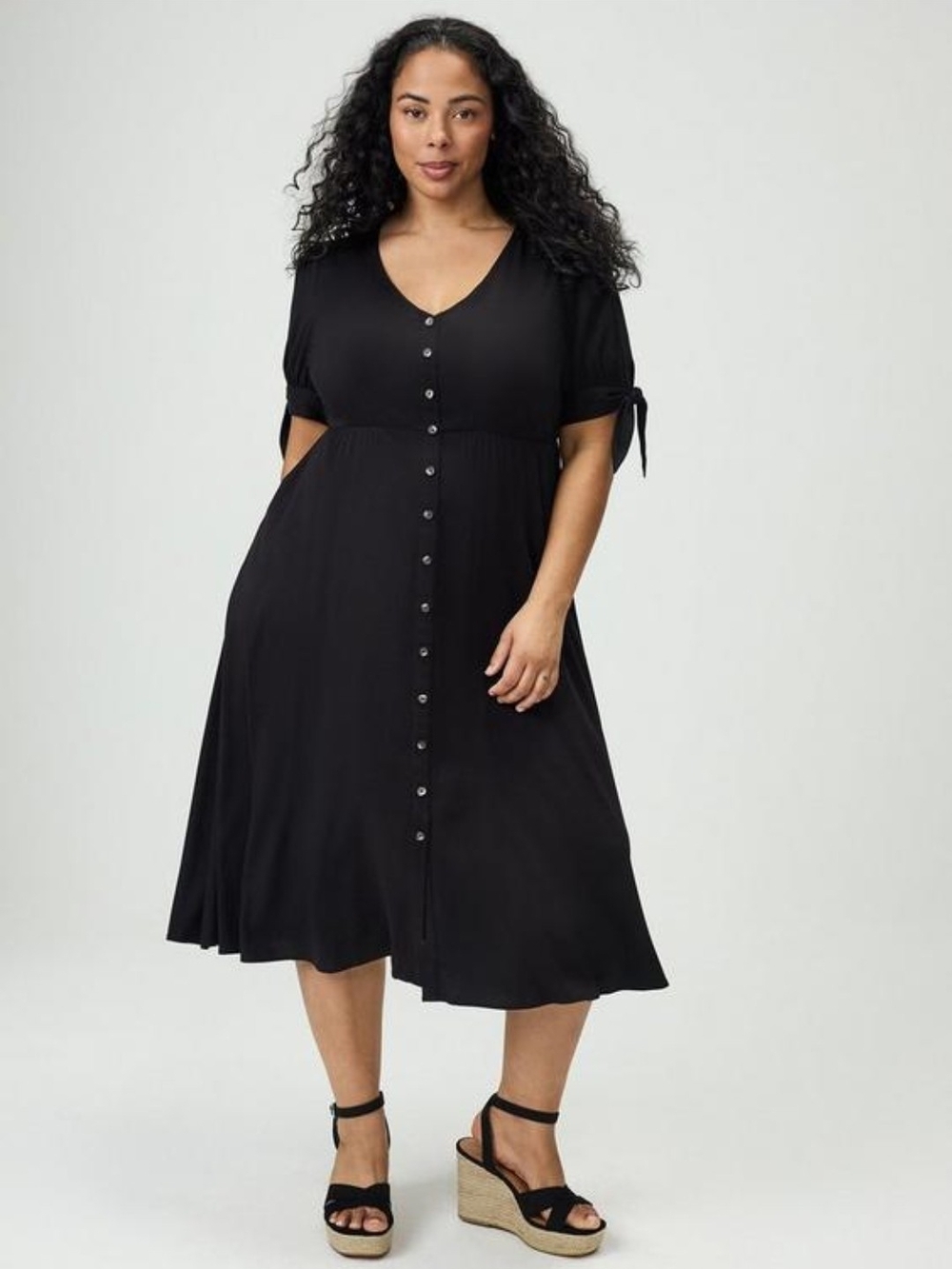 V-Neck Button-Front Midi Dress in Black